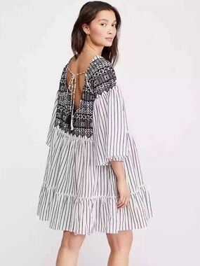 Free People Black and White Lola Mini Dress Keyhole Back Bohemian Indie Large